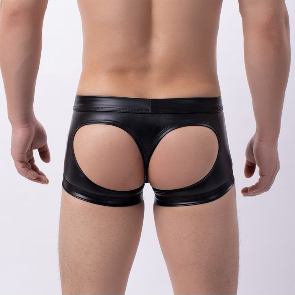Mens Open Back Boxers Male Underwear Faux Leather Open Butt